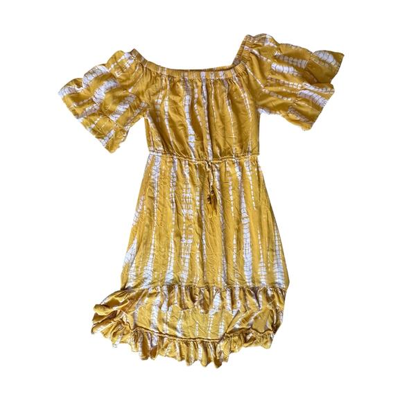 Blue Island Women’s Off Shoulder Yellow Tie Dye Dress Size L Boho Ruffle Hem - Picture 4 of 6